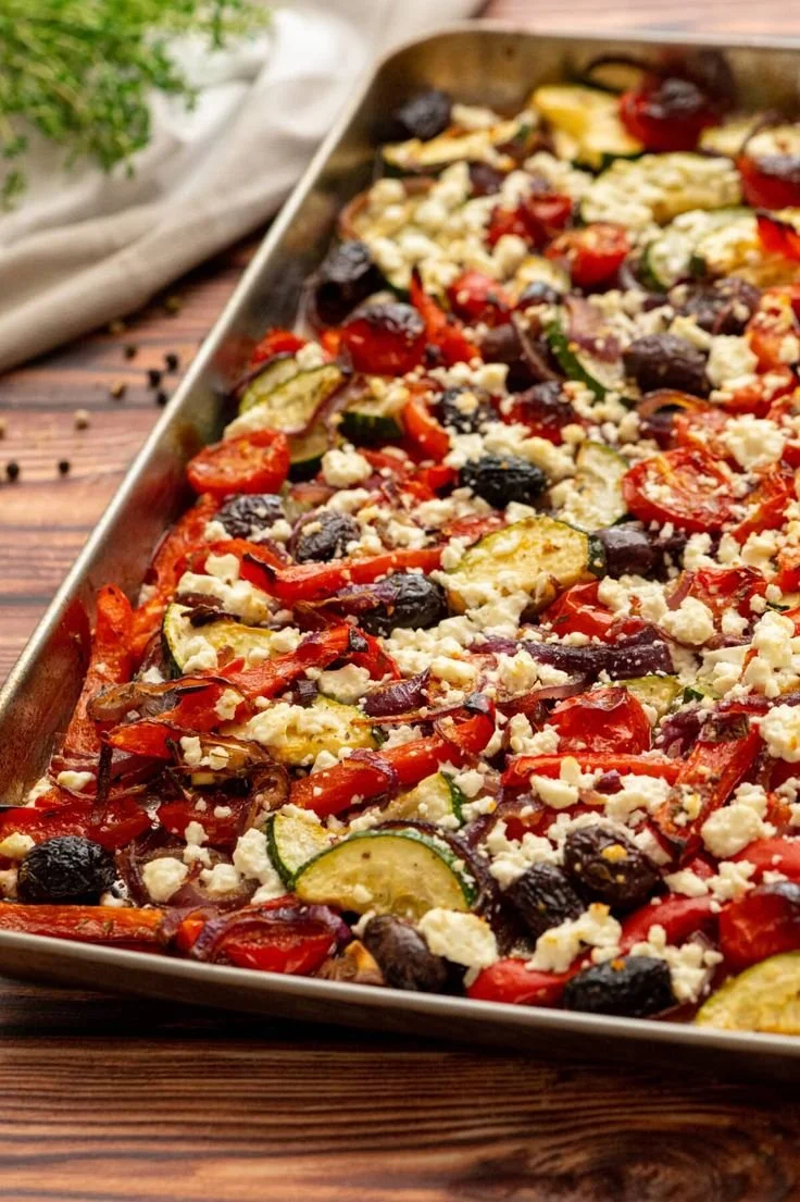 Sheet pan Greek vegetables with feta ready to serve
