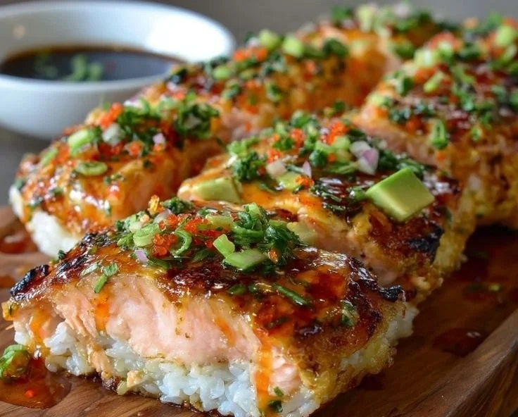 Delicious spicy salmon sushi bake topped with fresh ingredients and cooked to perfection