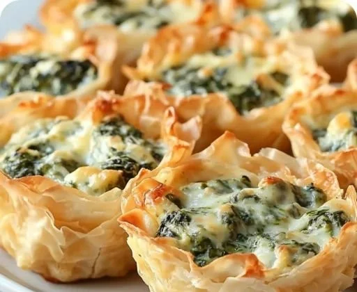 Bite-sized Spinach Artichoke Dip Cups served on a platter.