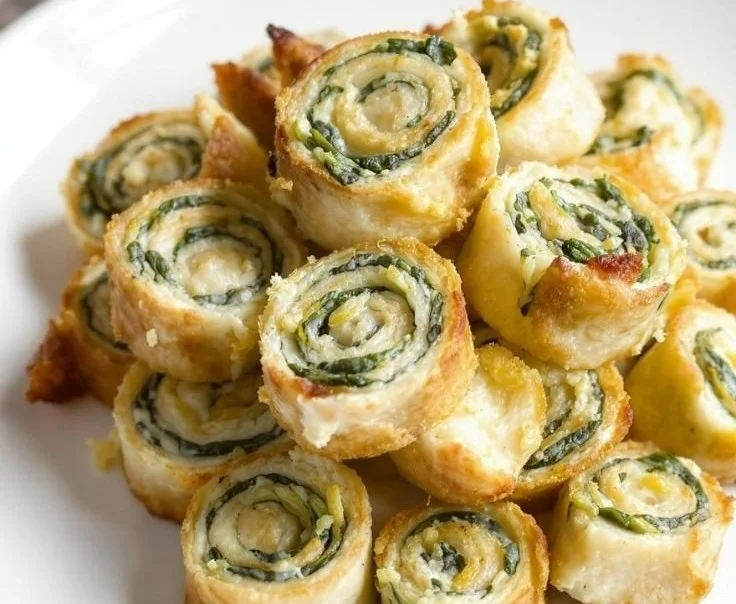 Spinach dip pinwheels served on a plate, perfect for appetizers.