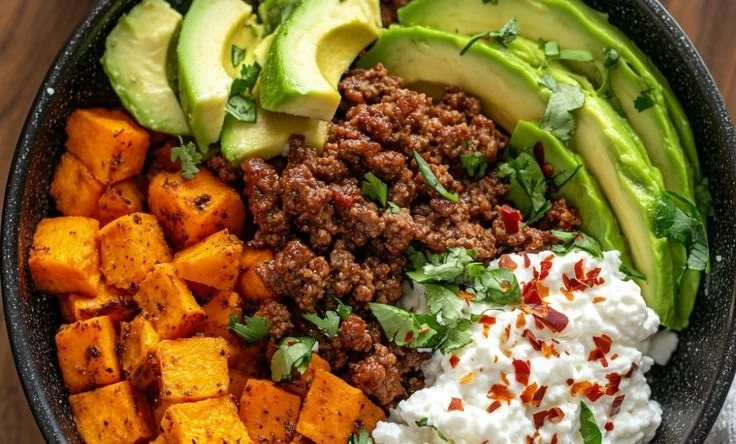 Delicious sweet potato taco bowl topped with avocado and fresh herbs