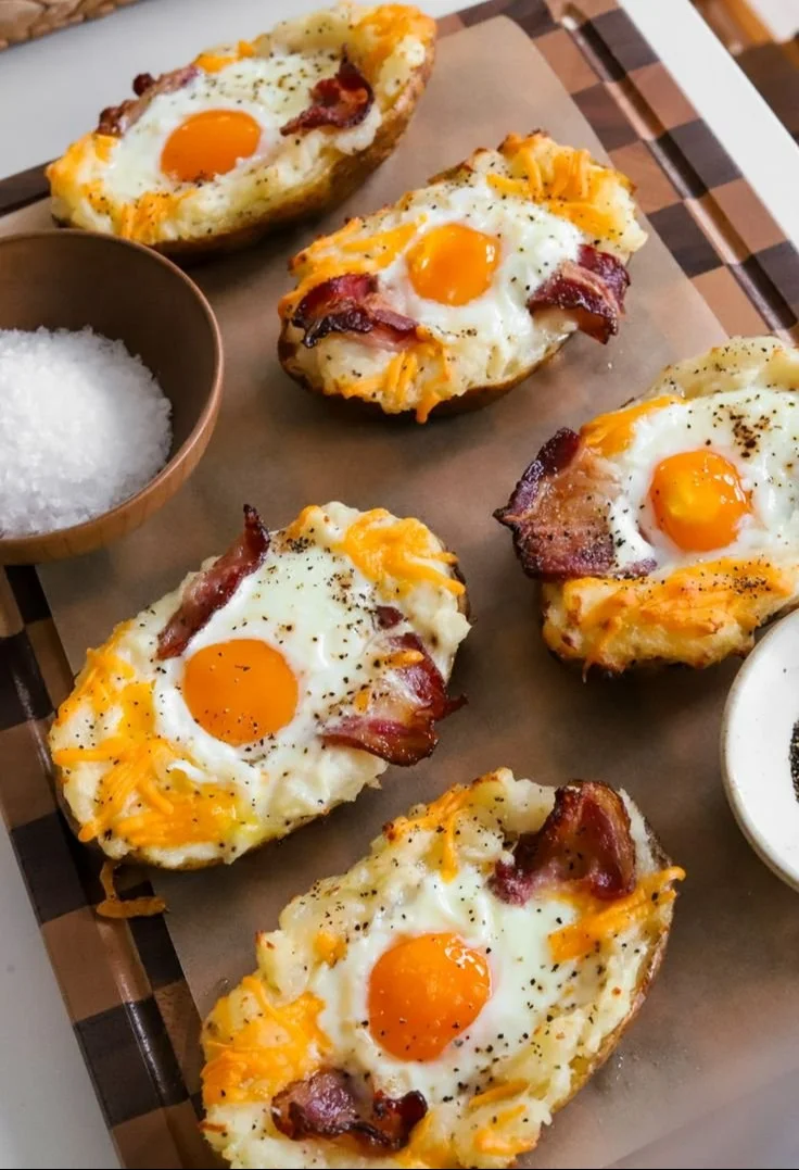 Twice baked loaded breakfast potatoes topped with cheese and scallions