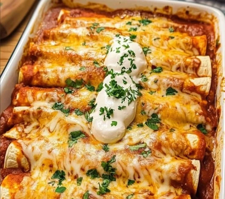 Delicious chicken enchiladas served with toppings