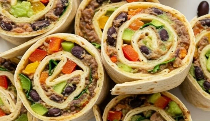 Colorful vegan pinwheels filled with fresh vegetables and herbs