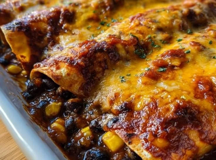 Delicious vegetarian black bean enchiladas topped with sauce and cheese