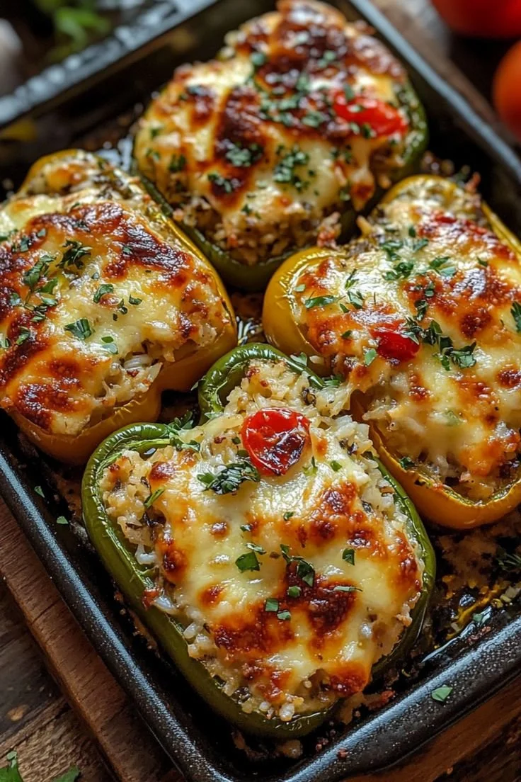 Vegetarian stuffed bell peppers with colorful filling and herbs