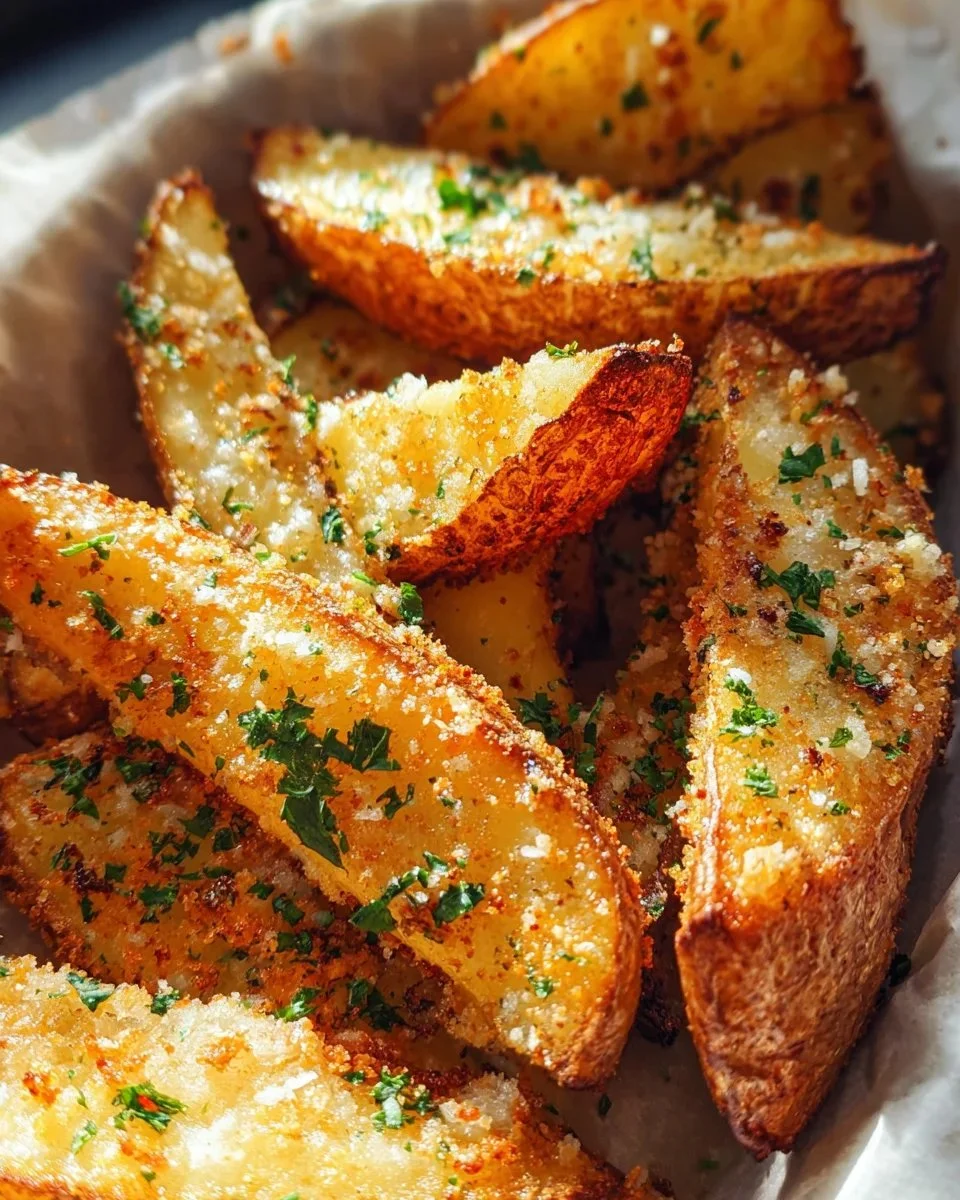 Baked garlic parmesan potato wedges served on a plate with herbs and spices.