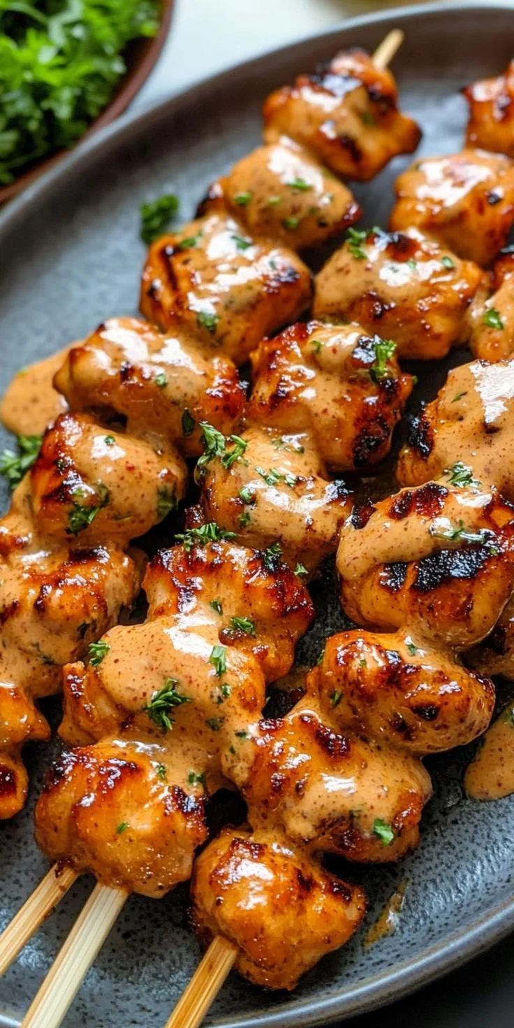 Delicious Bang Bang Chicken Skewers served on a platter with dipping sauce