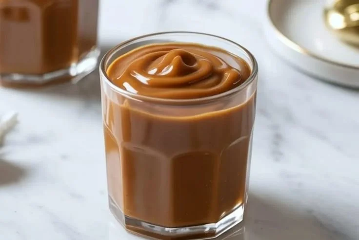 Delicious Biscoff Pudding served in a glass with cookie crumbles on top