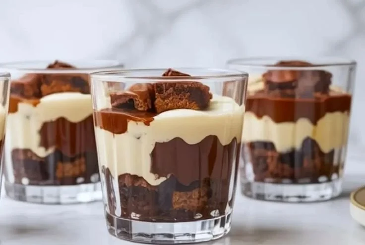 Delicious Brownie Trifle with layers of brownies, whipped cream, and chocolate sauce