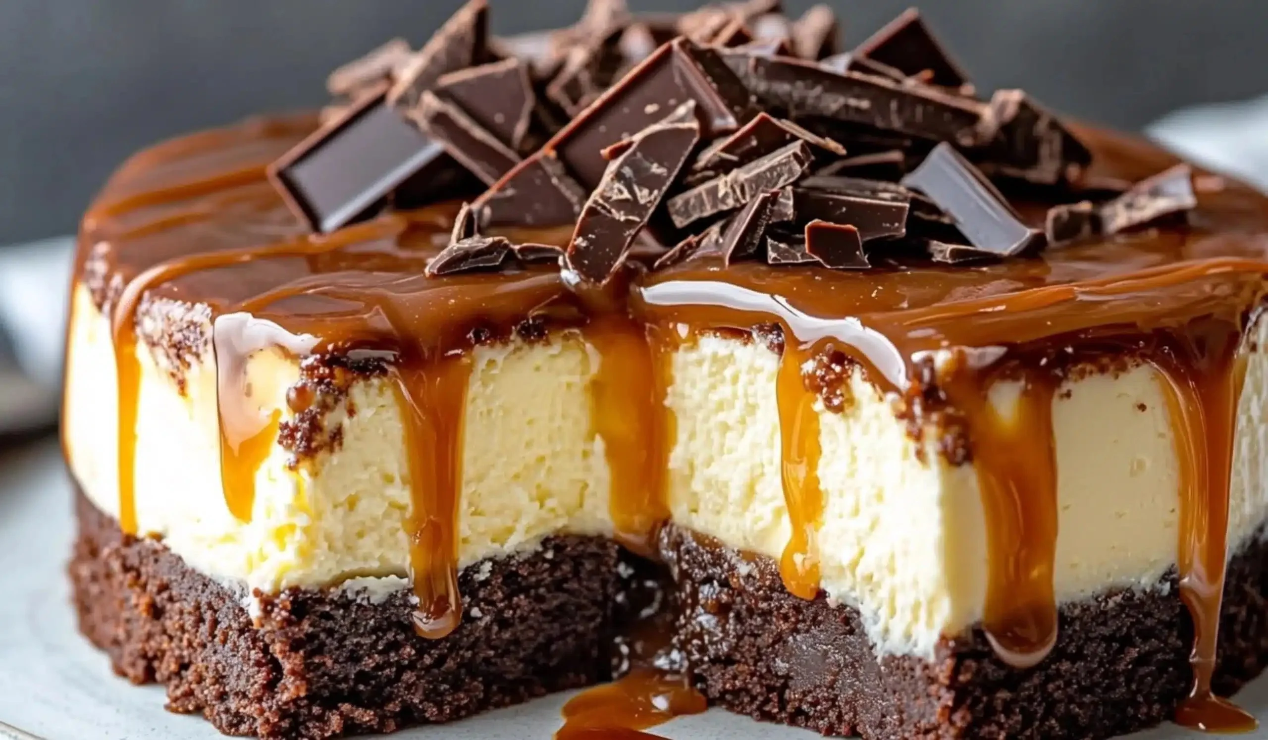Delicious Caramel Brownie Cheesecake topped with caramel drizzle and chocolate.