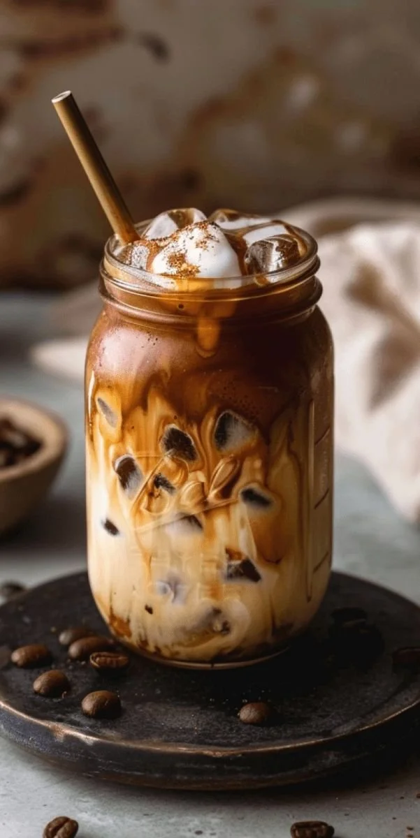 Chilled Caramel Hazelnut Iced Coffee in a glass with whipped cream and hazelnuts on top