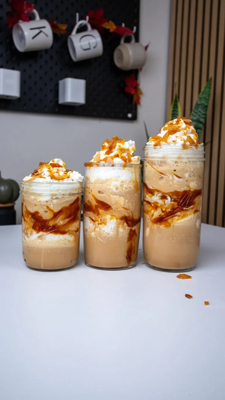 Caramel Ribbon Crunch Frappuccino topped with caramel drizzle and crunchy bits