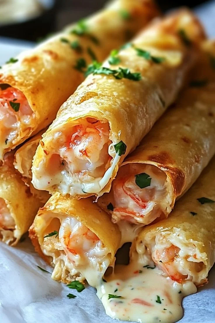 Delicious cheesy crab and shrimp taquitos served on a plate