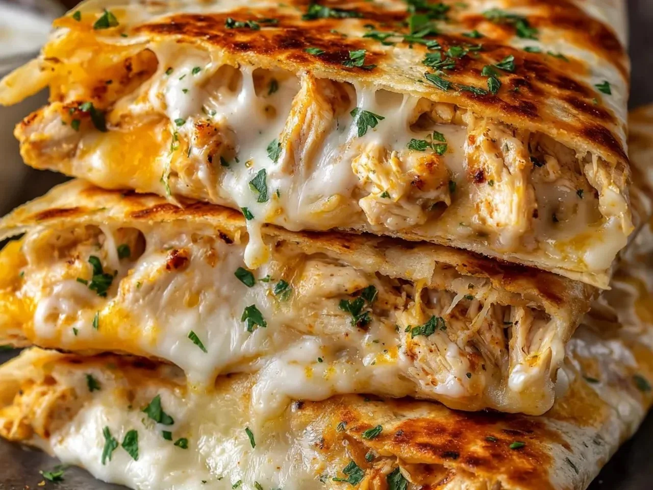 Cheesy garlic chicken wraps filled with melted cheese and garlic flavor