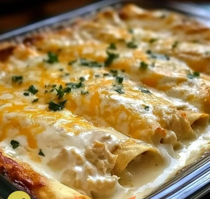 Creamy chicken enchiladas with sour cream white sauce served on a plate