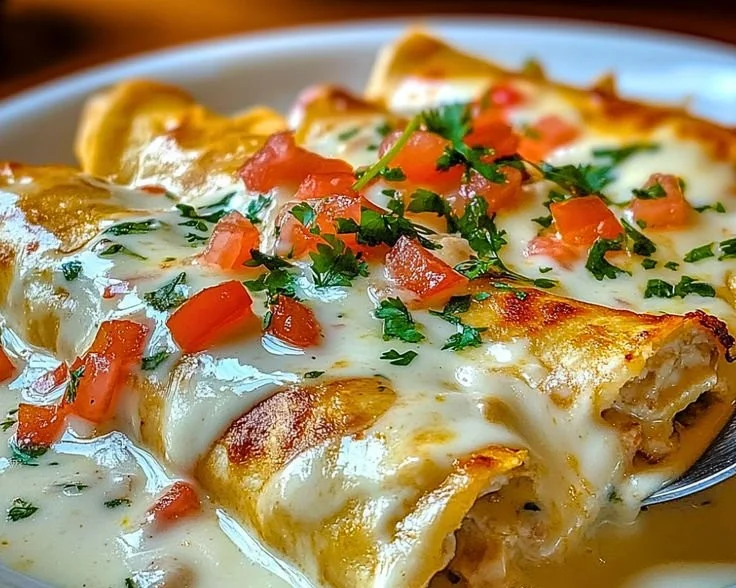 Delicious Chicken Enchiladas topped with Sour Cream White Sauce