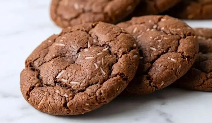 Freshly baked chocolate coconut cookies with melted chocolate and shredded coconut.
