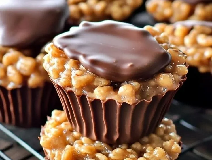 Chocolate Peanut Butter Rice Krispie Cups with chocolate drizzle on top