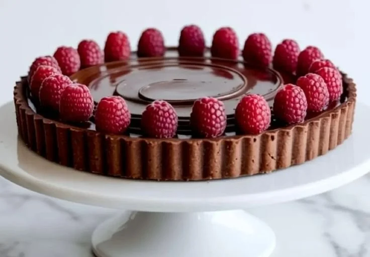 Delicious Chocolate Raspberry Tart with a chocolate filling and fresh raspberries