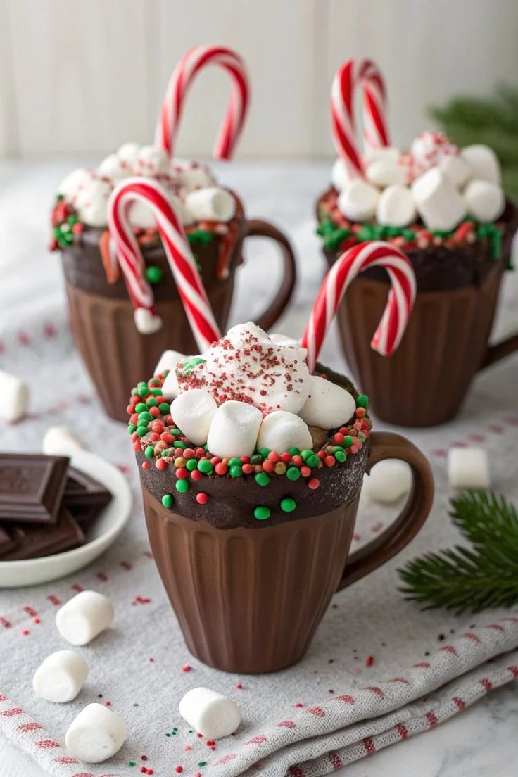 Delicious Christmas chocolate hot cups topped with whipped cream and festive sprinkles.