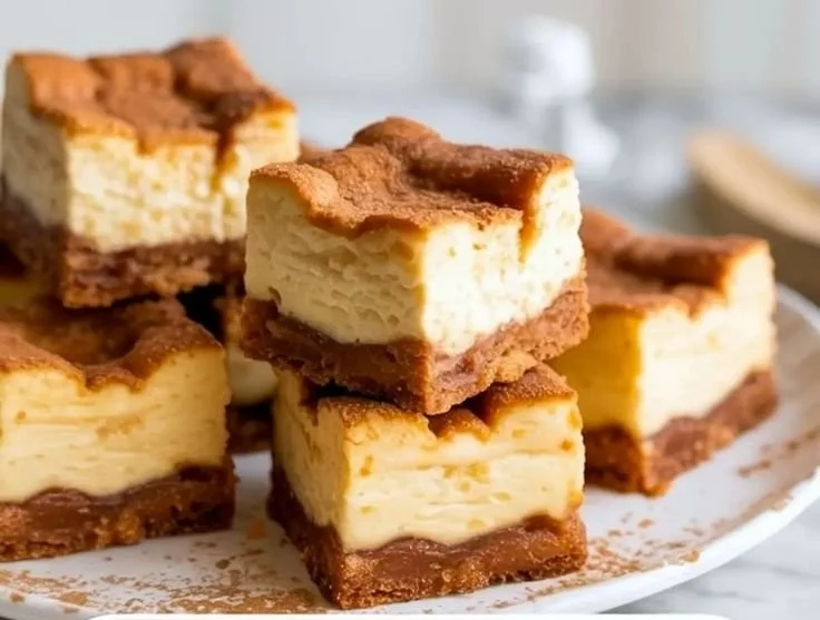 Churro cheesecake bites served on a plate, drizzled with caramel sauce.