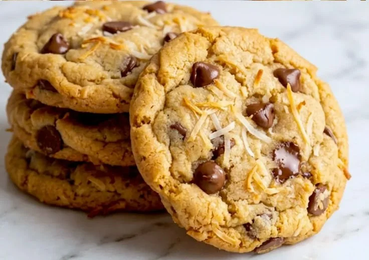 Delicious Coconut Chocolate Chip Cookies on a baking tray