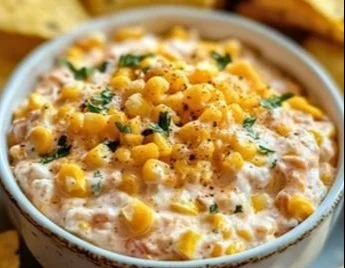 Delicious homemade corn dip served in a bowl with tortilla chips