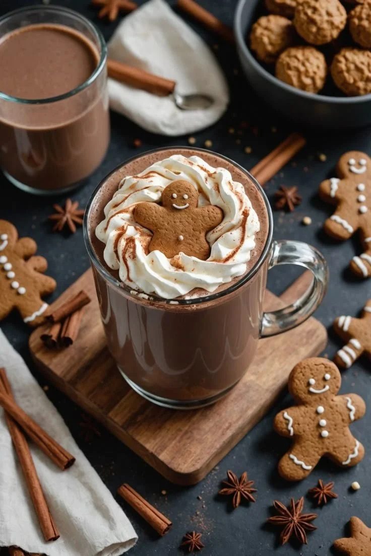 Delicious gingerbread hot chocolate topped with whipped cream and festive spices