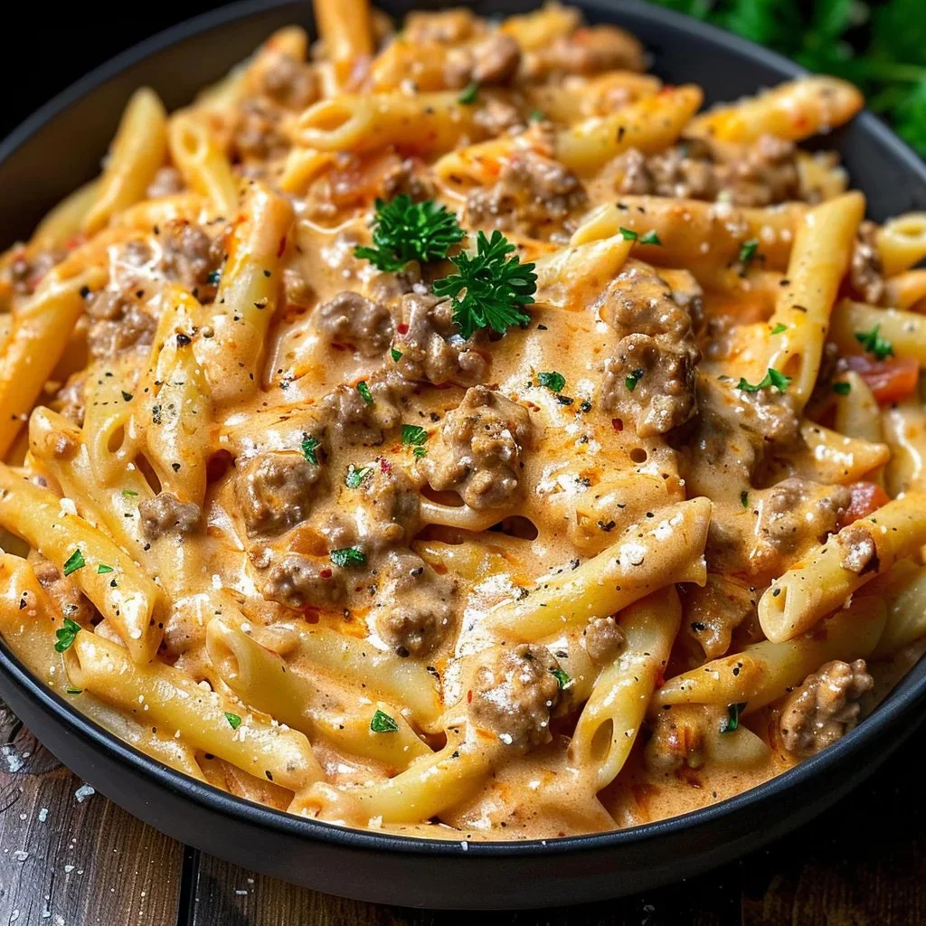 Delicious creamy beef pasta dish served in a bowl