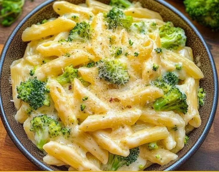 Creamy cheesy broccoli pasta dish served in a bowl