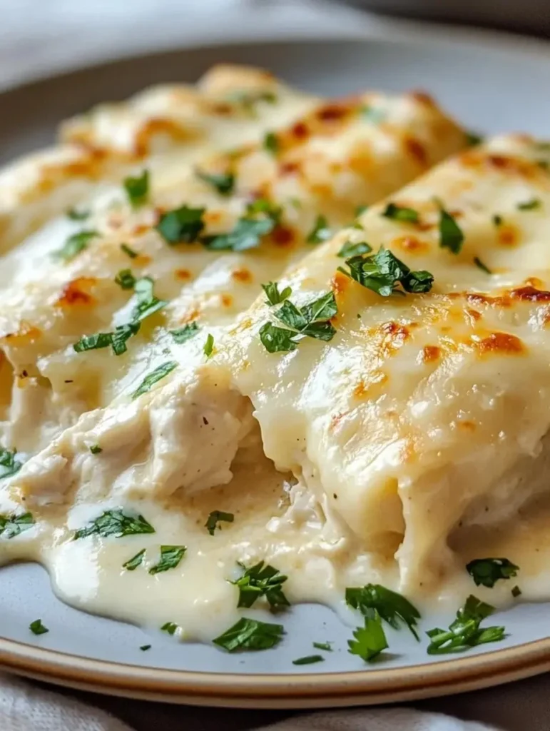 Creamy chicken enchiladas with sour cream white sauce on a plate
