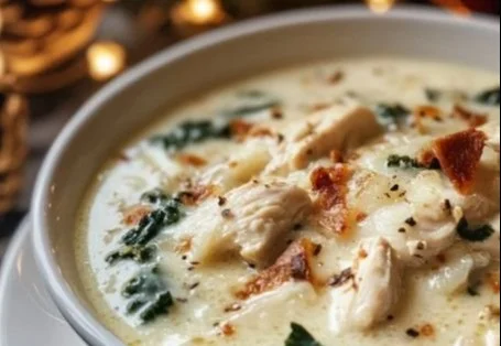 Bowl of creamy chicken parmesan soup garnished with parsley and cheese
