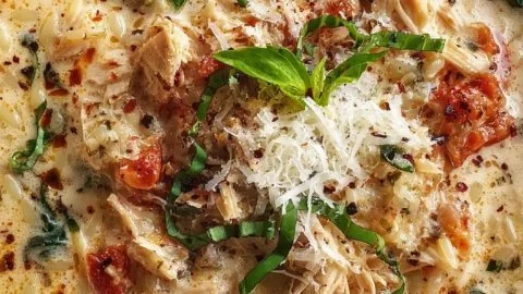 Bowl of creamy chicken parmesan soup garnished with herbs and cheese