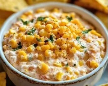 Delicious creamy corn dip served in a bowl with tortilla chips