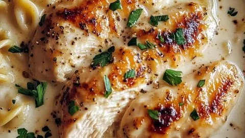 Creamy Garlic Butter Chicken served with rotini in a rich Parmesan sauce