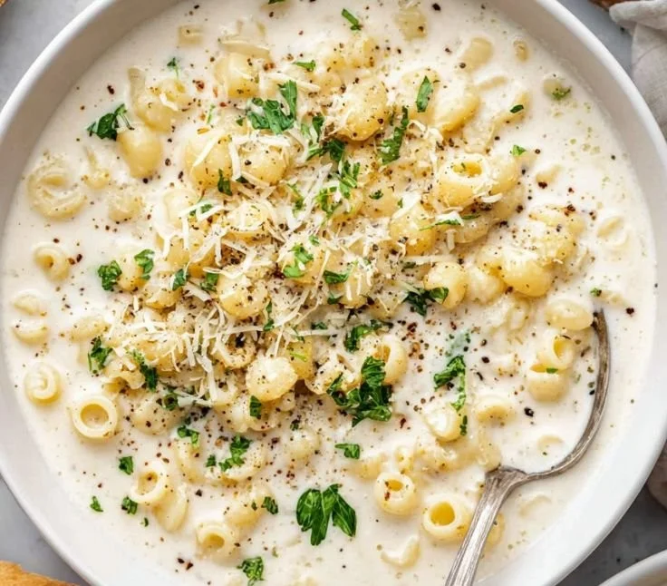 Delicious creamy garlic parmesan soup served in a bowl with garlic and parsley garnish