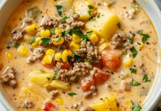 Creamy gluten-free soup in a bowl garnished with fresh herbs.