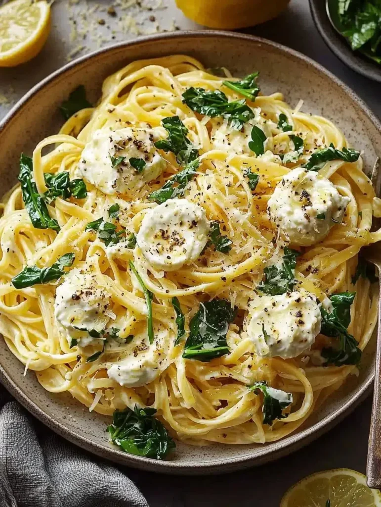 Plate of creamy lemon ricotta pasta garnished with herbs and lemon zest