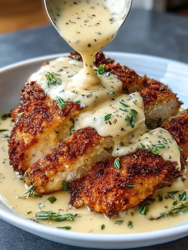 Creamy Parmesan crusted chicken topped with garlic sauce on a plate