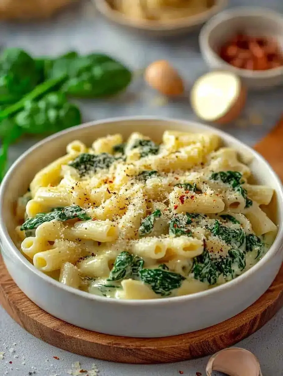 Creamy spinach parmesan pasta dish garnished with fresh herbs and cheese