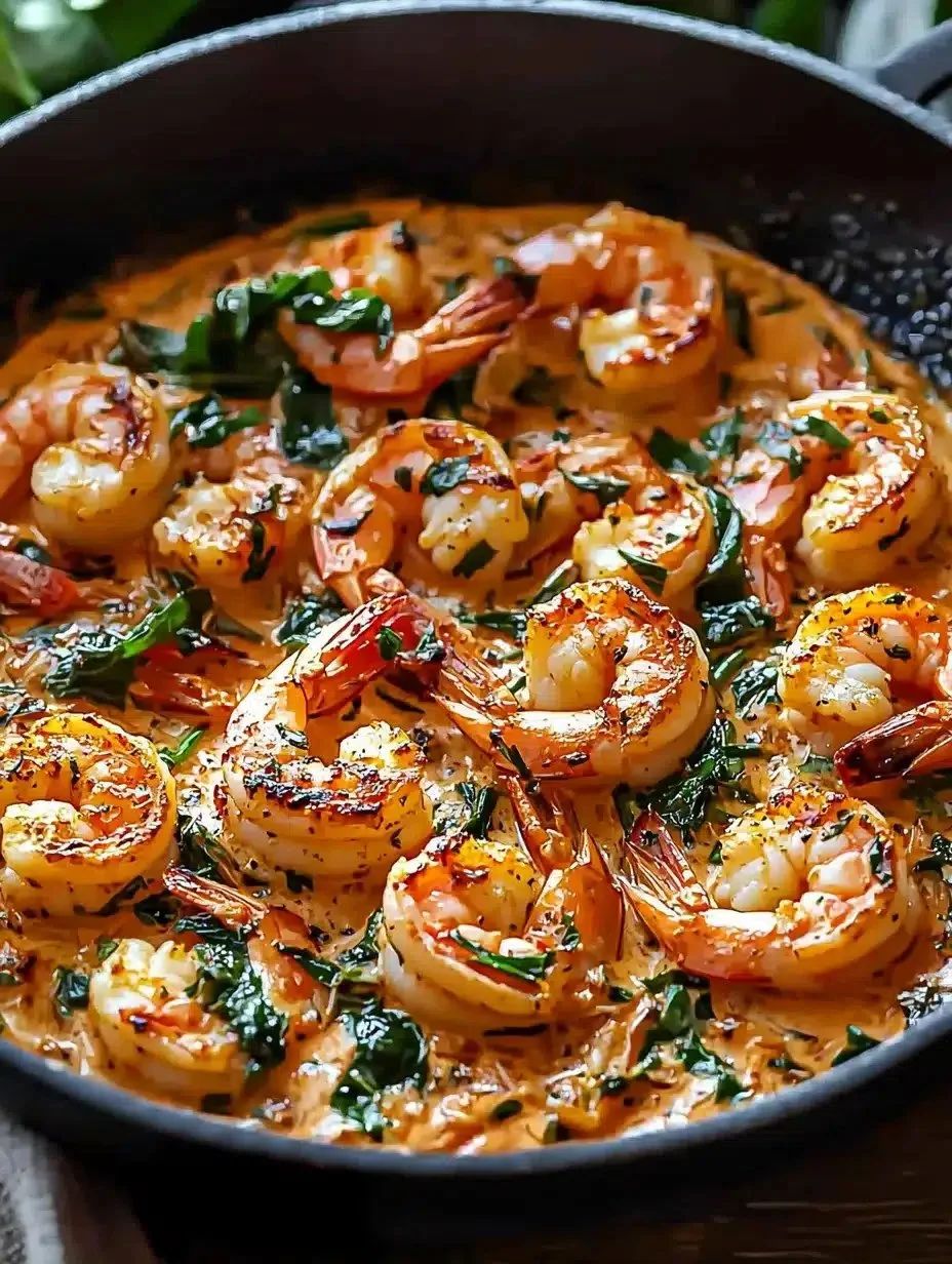 Creamy Tuscan shrimp skillet cooked with garlic and herbs