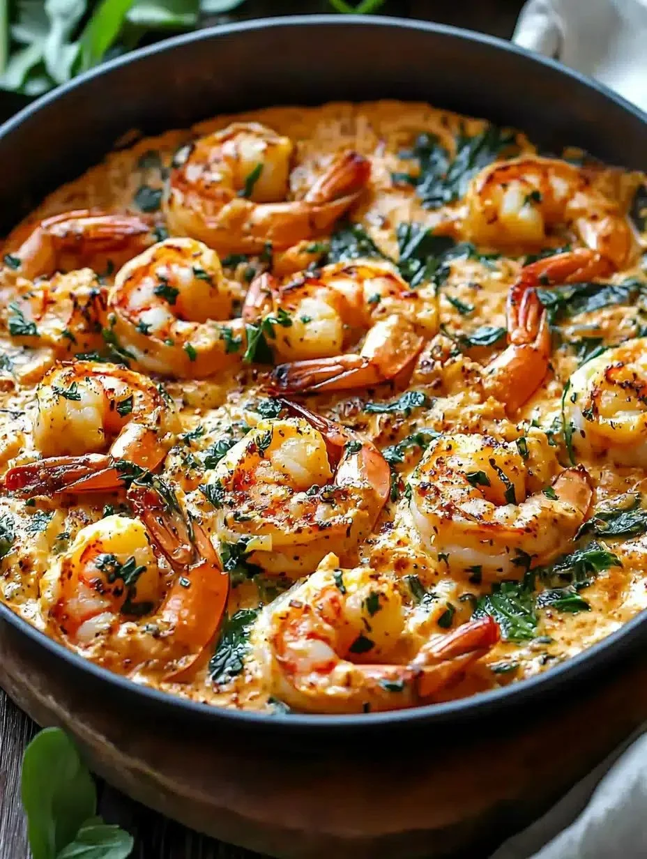 Creamy Tuscan shrimp skillet garnished with fresh herbs and served with pasta