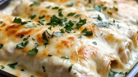 Plate of creamy white chicken enchiladas topped with sauce and cilantro