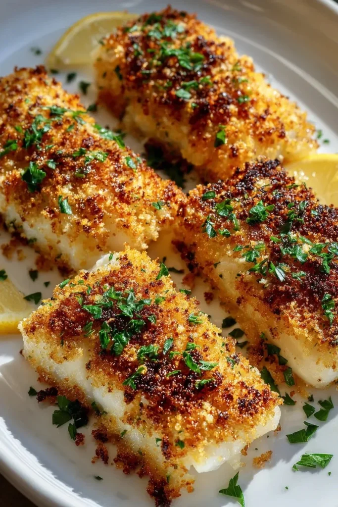 Crispy baked cod served with fresh herbs and lemon slices.