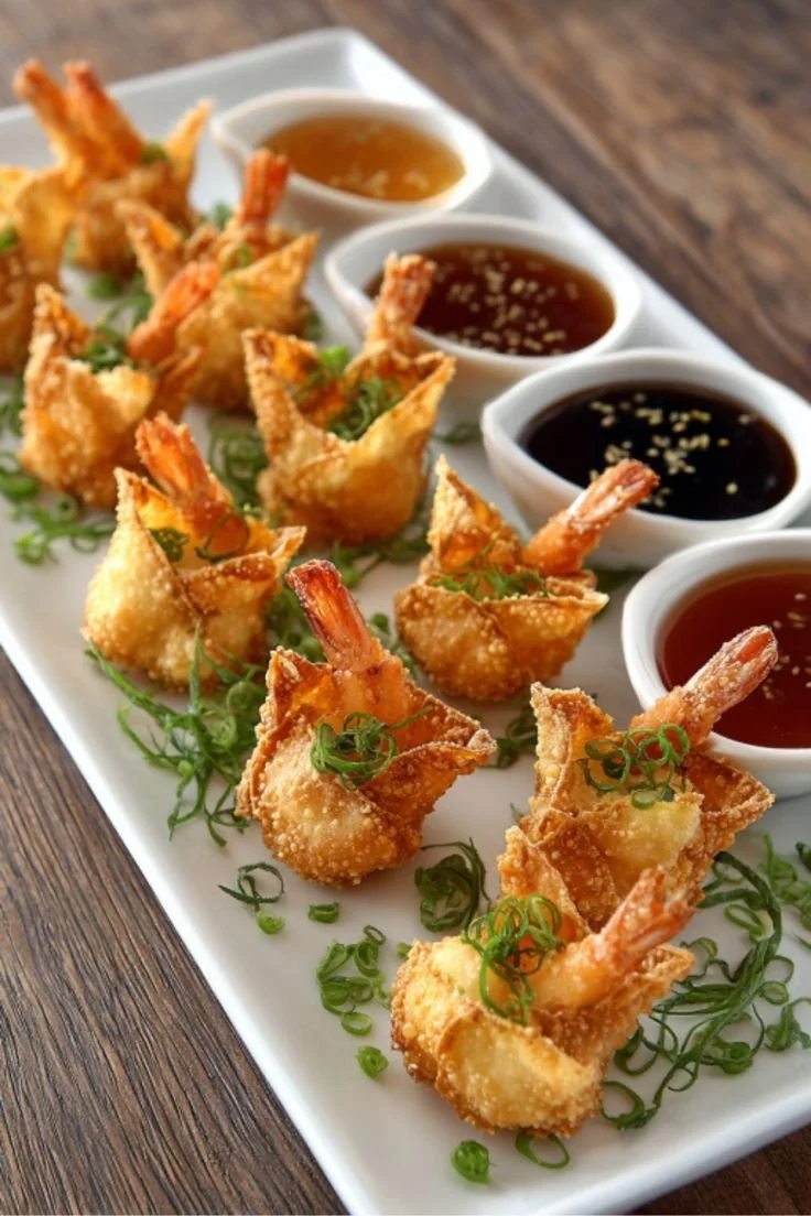 Crispy wonton-wrapped shrimp served with dipping sauce