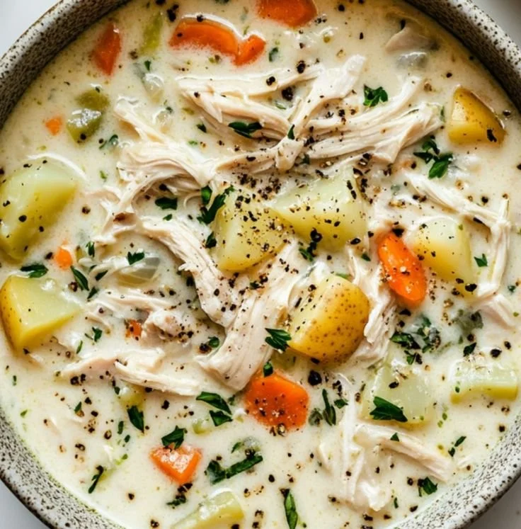 Crockpot Chicken Alfredo Soup in a bowl, garnished with parsley and parmesan.