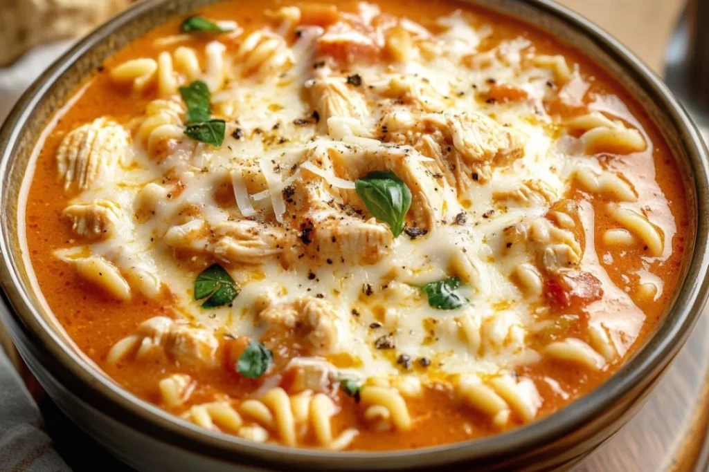 Delicious bowl of Crockpot Chicken Parmesan Soup topped with cheese and herbs.