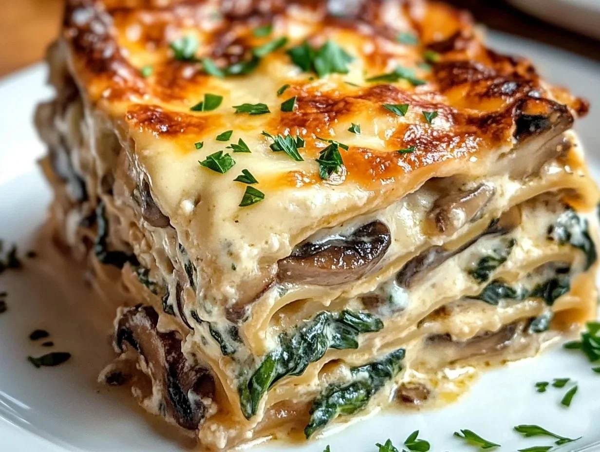 Creamy spinach mushroom lasagna served in a baking dish