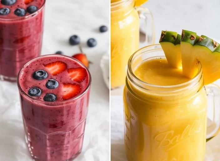 A colorful array of easy smoothie recipes for beginners with fresh ingredients.